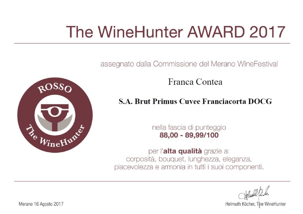 - Franca Contea Vini in Franciacorta - Anche THE WINE HUNTER premia il nostro Franciacorta Brut Cuvèe Primus Docg !!