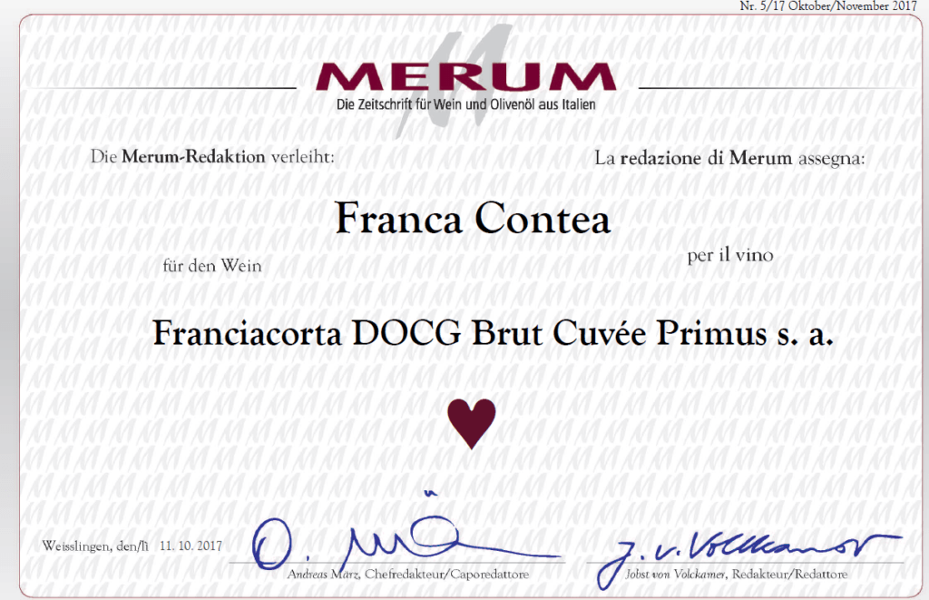 - Franca Contea Vini in Franciacorta - Merum 2017, e il premio va al nostro Franciacorta Cuvèe Primus Docg s.a.