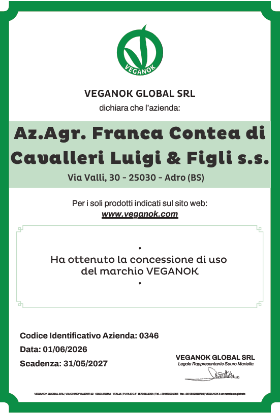 - Franca Contea Vini in Franciacorta - Anche per il 2026 si rinnova la certificazione VEGANOK